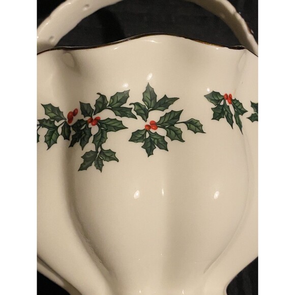 Madison and Max Christmas Holly Berry Porcelain basket candy dish 8" tall - Picture 8 of 9